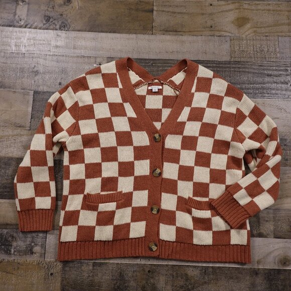 American Eagle Outfitters Sweaters - American Eagle Outfitters Rust and Cream Checkerboard Cardigan